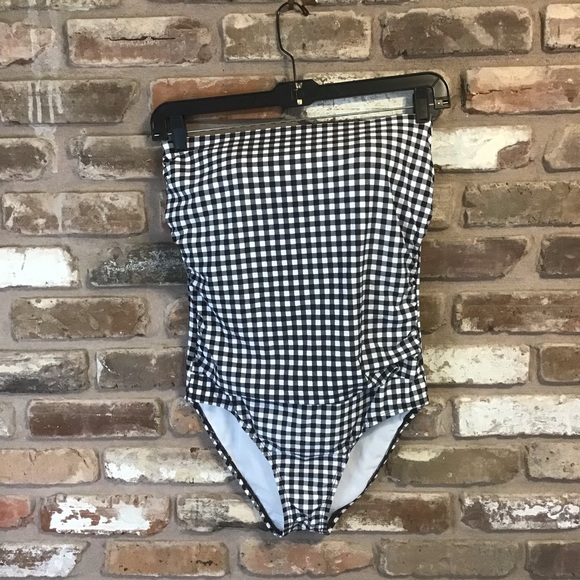 ALEX MARIE Black White Checkmate Gingham Shirred Bandeau One Piece Swimsuit NEW - Picture 2 of 6